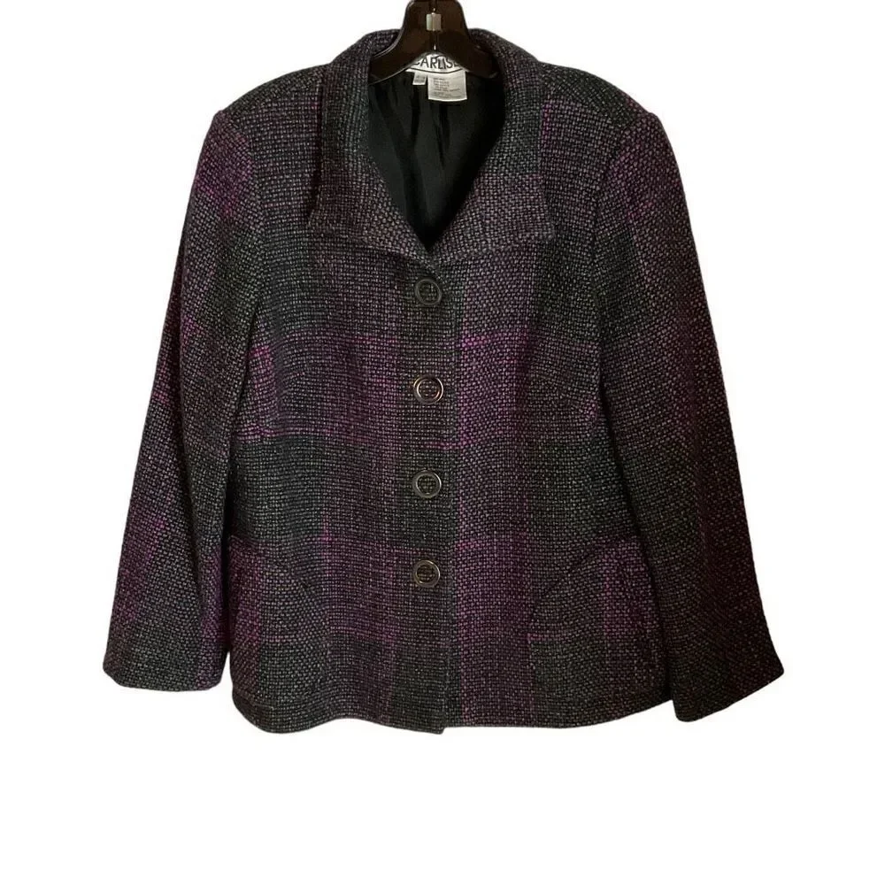 Carlisle Jacket Tweed Wool Blend Button Snap Front Black Pink Grey Weave Size 14